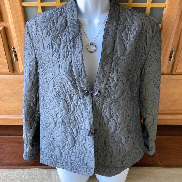 J Jill Gray Collarless Quilted Jacket 100% Silk Large - Picture 1 of 7